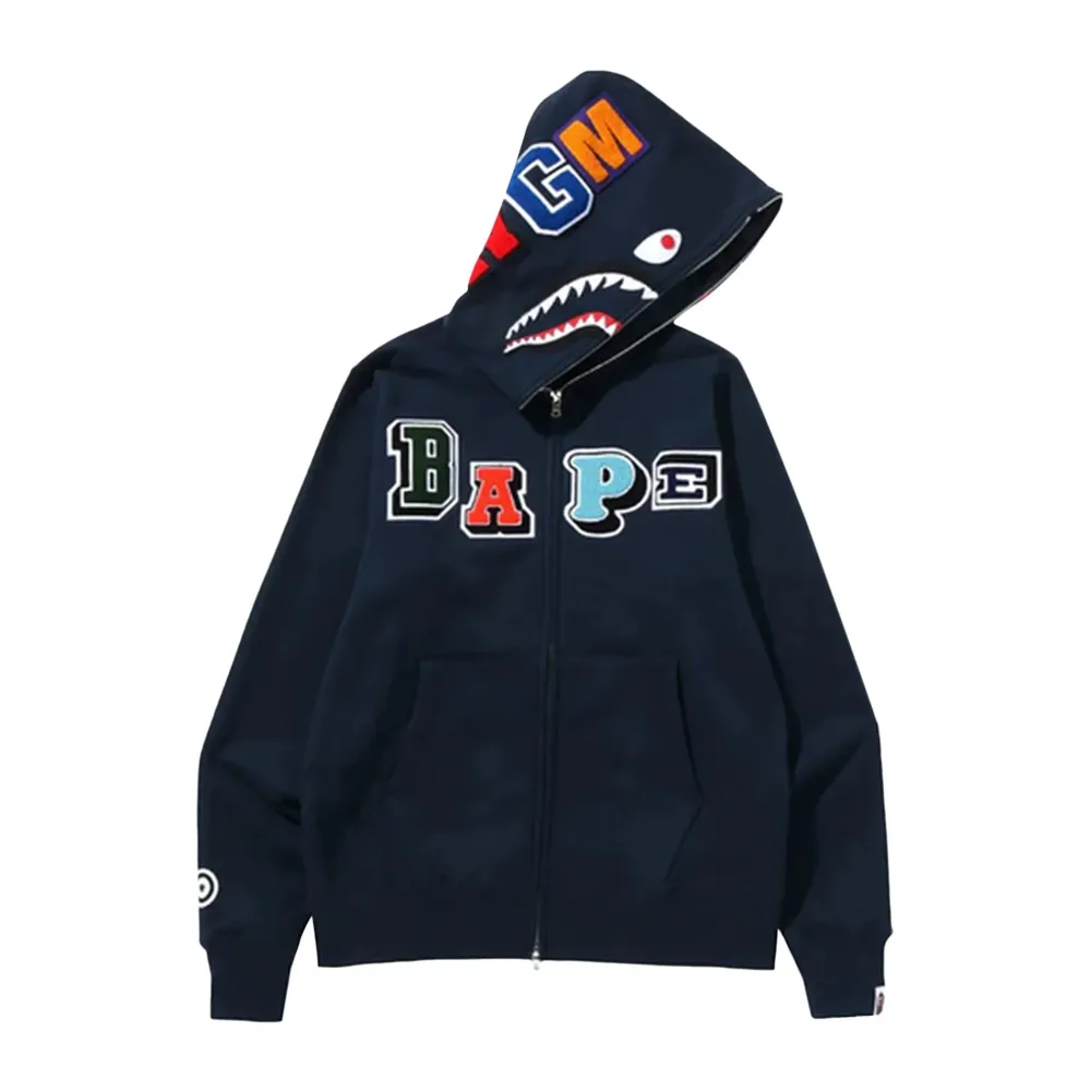 Bape Multi Fonts Shark Full Zip Hoodie Navy|Plus Best