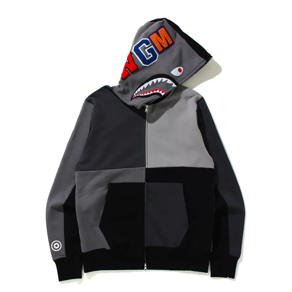 Bape Multi Color Patchwork Shark Full Zip Hoodie Gray|Plus Best