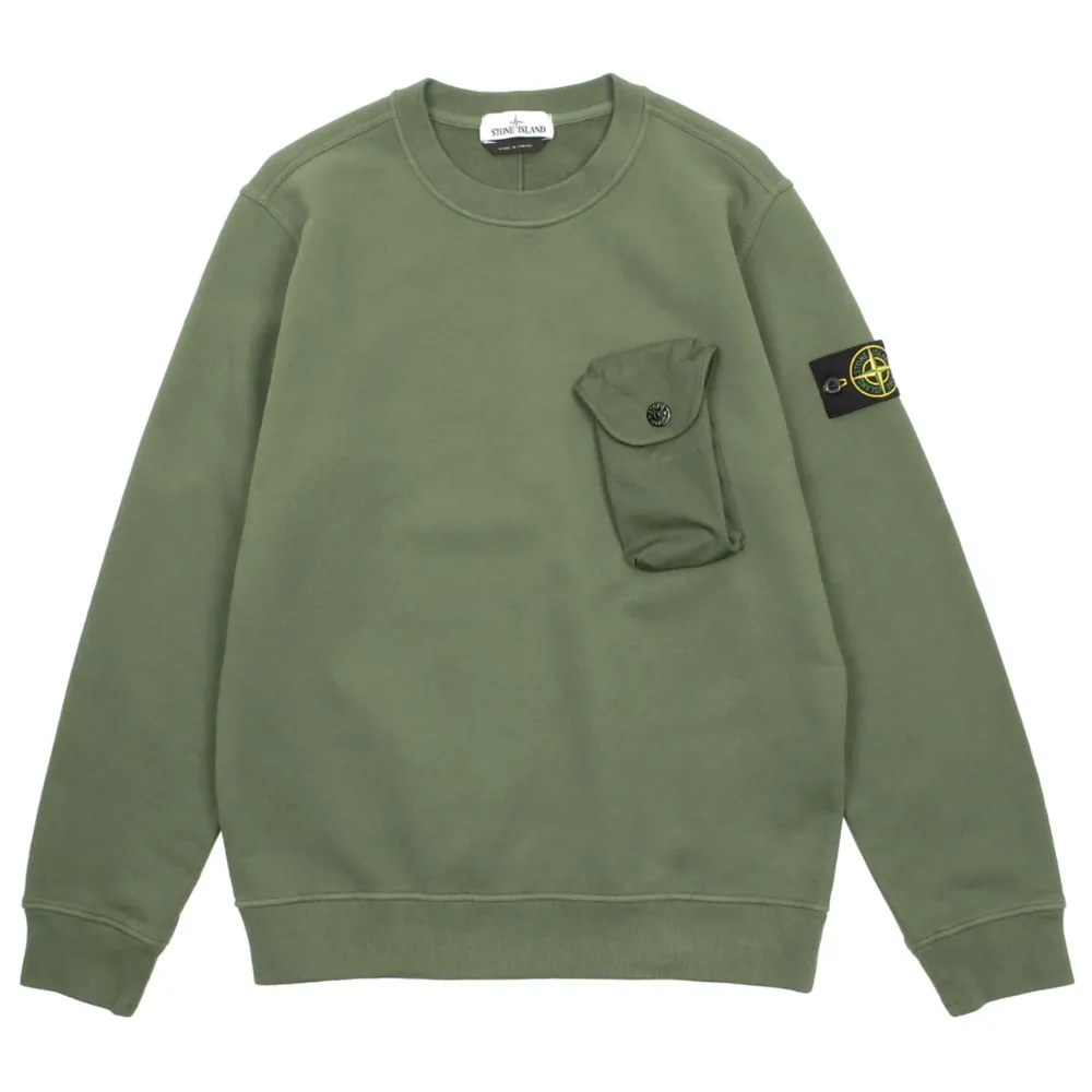 Stone Island Brushed Cotton Fleece Crewneck Pocket Sweatshirt Sage|Plus Discount