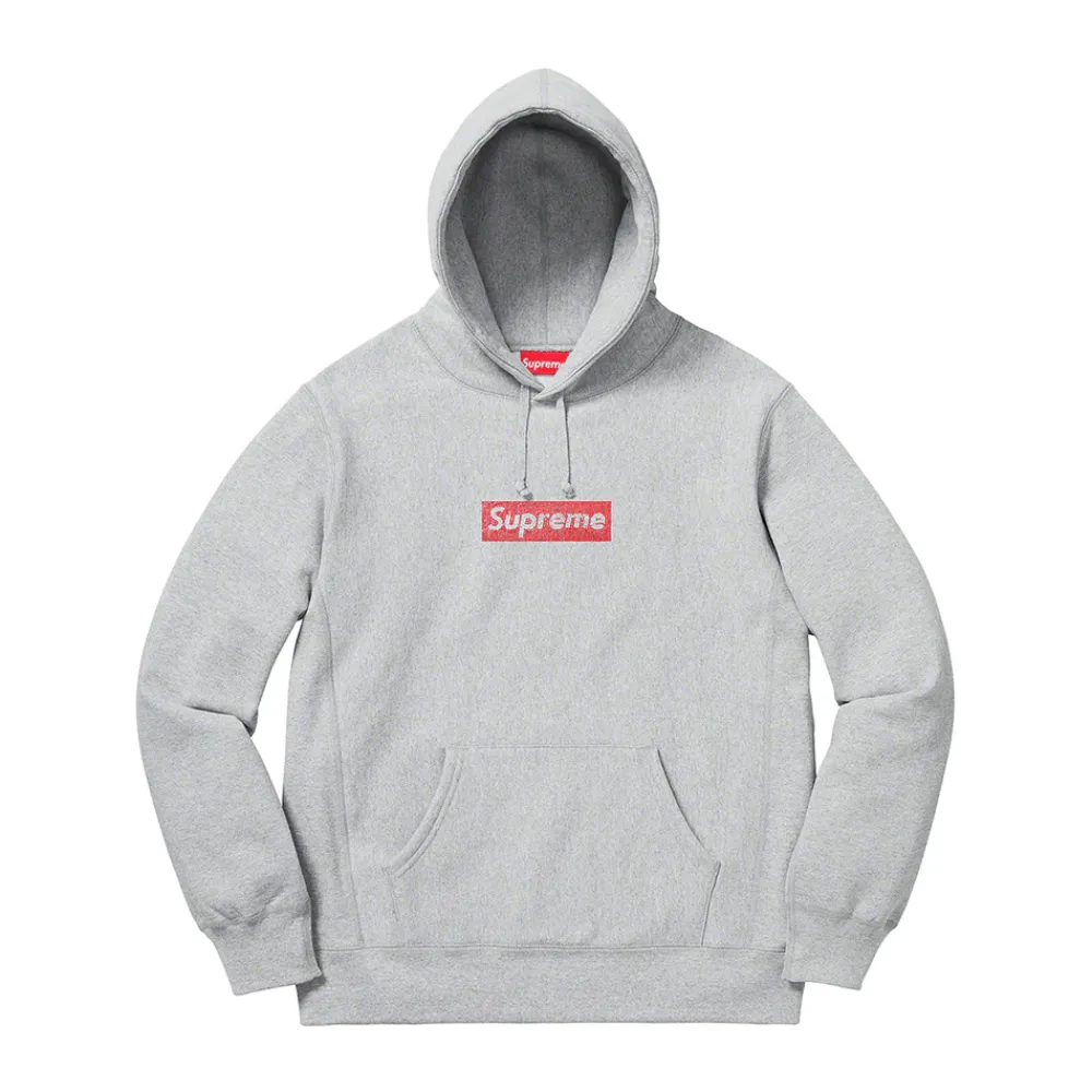 Supreme Swarovski Box Logo Hooded Sweatshirt Heather Grey ||Plus Online