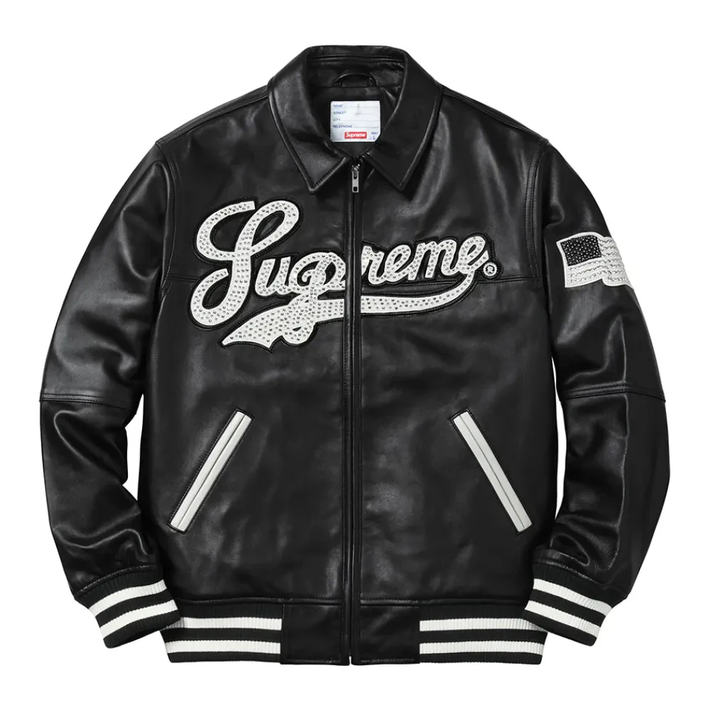 Supreme Uptown Studded Leather Varsity Jacket Black ||Plus Discount